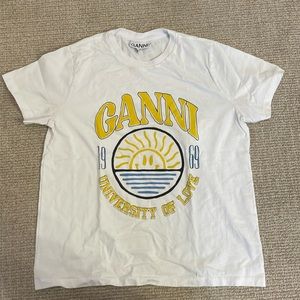 Ganni tshirt with yellow and blue writing